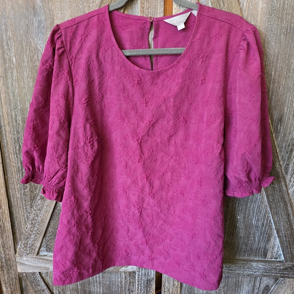 Ted Baker Shirt Women's Size XXL Burgundy Floral Brocade Puff Sleeve Blouse